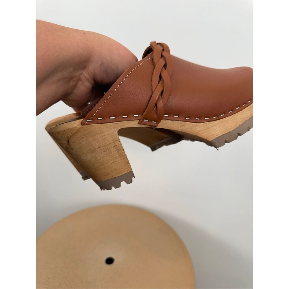 MIA Women’s Elsa Luggage Brown Leather Braid Swedish Heeled Clogs - Picture 12 of 14